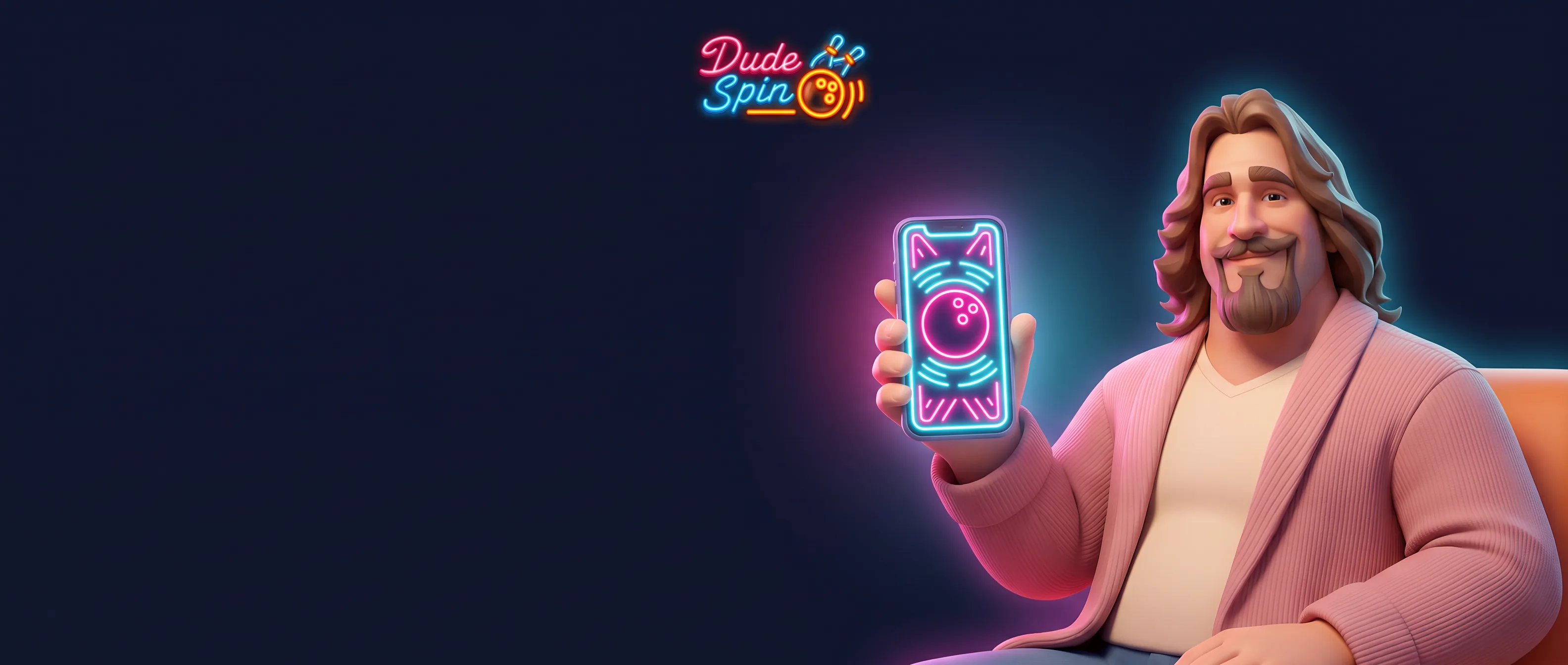 Dude Spin mit Smartphone und leuchtendem Bowlingmotiv